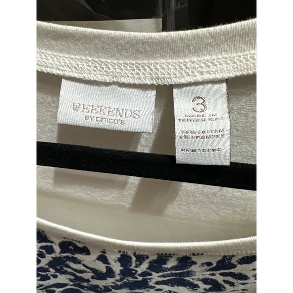 Weekends by Chico’s size 3 cream with navy print rhinestones 3/4 sleeve top - Picture 4 of 7